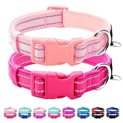 Azuza 2 Pack Reflective Soft Neoprene Padded Dog Collars, Adjustable Pet Collar With Id Tag Ring, Safe And Comfy For Small Dogs,Hot Pink/Pink,S #TOP19