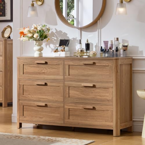 Image of Joaxswe Farmhouse 6 Drawer Dresser for Bedroom, Horizontal Dressers with 6 Deep Drawers & 4 Thickened Table Legs, Brown