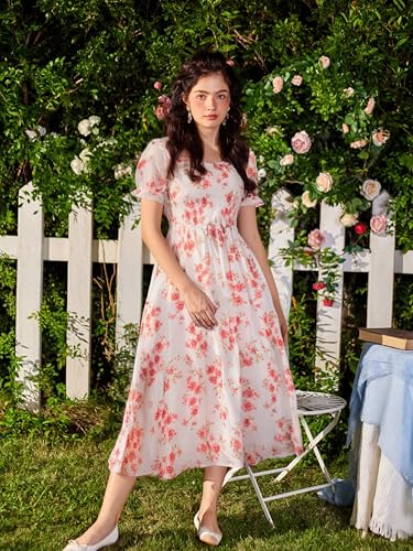 Image of Scarlet Darkness Floral Dress for Women Summer Puff Sleeve Square Neck A Line Flowy Wedding Guest Tea Party Dresses