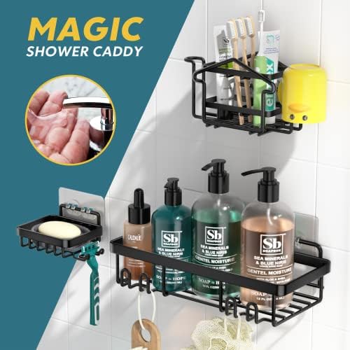 Shower Caddy 4 Pcs , WayEee Shower Shelf Wall Mounted For Organiser Storage , No Drilling Bathroom Shelves With Self-Adhesive Hooks Stainless Steel Caddy Organiser Basket, Rust Proof