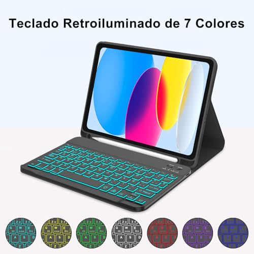 Teclado para iPad A16 retroiluminado Bluetooth y funda protectora negra con Ñ 6