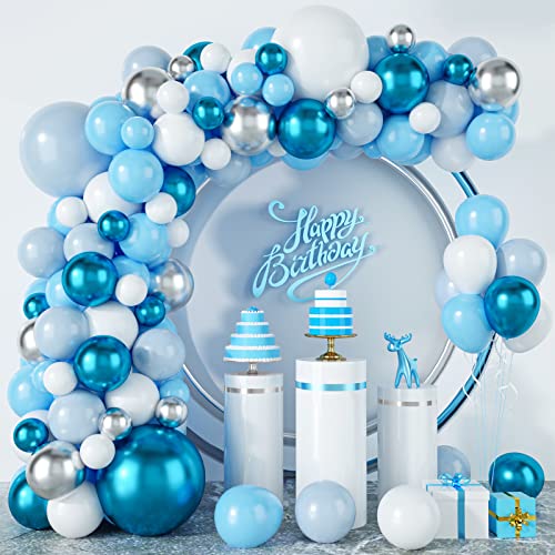 TUTUXMA Pastel Blue Balloons Garland Arch Kit 113 Pieces Assorted Blue Matt White Metallic Blue Silver Latex Balloons Birthday Wedding Engagement Graduation Bride Baby Shower Party Decoration