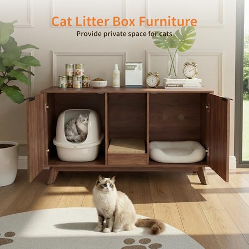 Image of Double Cat Litter Box Enclosure for 2 Cats,Fluted Hidden Litter Box Furniture with Litter Collector & Scratch Pad,47 inch Large Enclosed Cat Cabinet,Cat House,TV Stand,for Living Room,Walnut