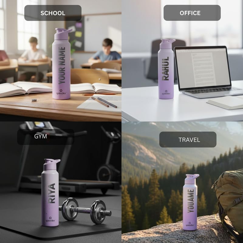 Image of Speedex Engraved Name Stainless Steel Sipper Water Bottle 1 Ltr - Customised Personalised Bottle for Kids & Adults, School, Gym, Sports, Dual Purple, Set of 1