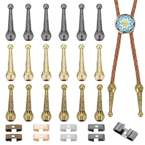 AHANDMAKER 36Pcs 4Colors Bolo Tie Findings Kit, 24pcs Bolo Tie Tips Replacement End Caps and12pcs Bolo Tie Buckle, Bolo Tie Slide Clasps for Bolo Tie Making Jewelry Making DIY Craft Clothes Decor