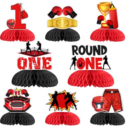 Décoration anniversaire boxe pour table de fête enfant | Kit nid d'abeille rouge et noir 8 pièces