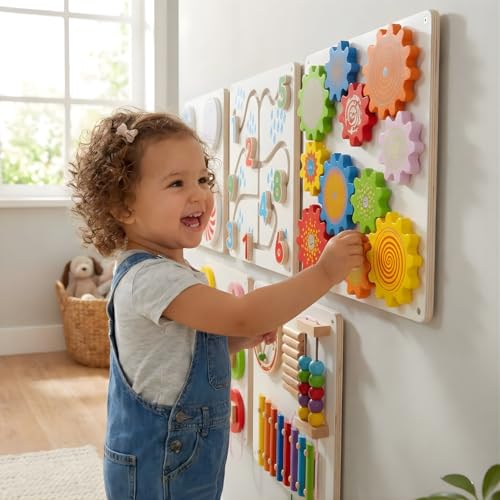 Image of Wall Mounted Sensory Activity Board Set of 5 for Toddlers 1-4 Years - Wooden Montessori Learning Panels with Gears, Numbers, Shapes & Xylophone for Nursery & Playroom | Blue Bells Toys