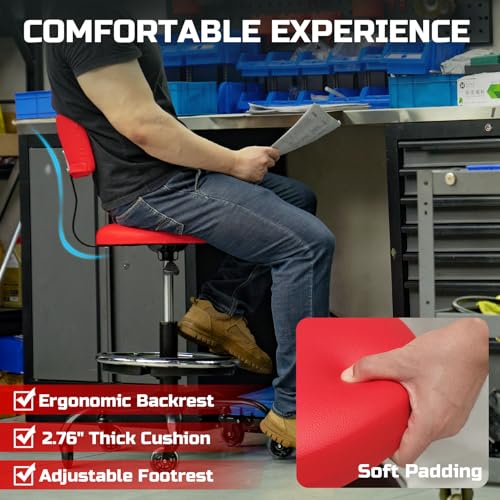 Rolling Shop Stool with Wheels, Garage Mechanic Stool Chair with Backrest, Height Adjustable Heavy Duty Swivel Task Chair, Adjustable Footrest with Storage Tray for Garage Kitchen Salon Tattoo (Red)