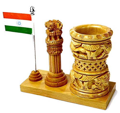 Image of MV Son's Pen Stand for Office Table Desk Decorative Item - Wooden Pen Stand for Study Table with Ashok Stambh and National Indian Flag