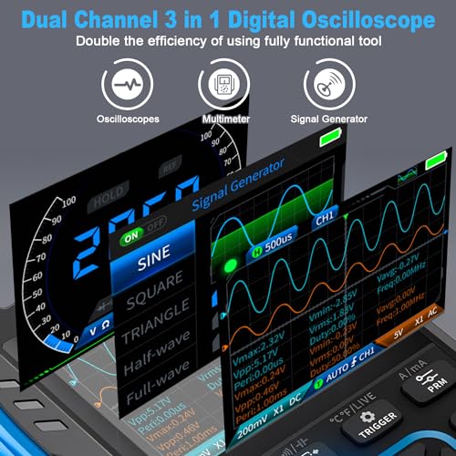 Image of BTMETER 3-in-1 Handheld Oscilloscope Multimeter & DDS Generator, 2 Channel, 10MHz Bandwidth, 50MSa /s, 10000 Counts Digital Oscillograph for Testing Voltage Current Capacitors Resistors Diodes