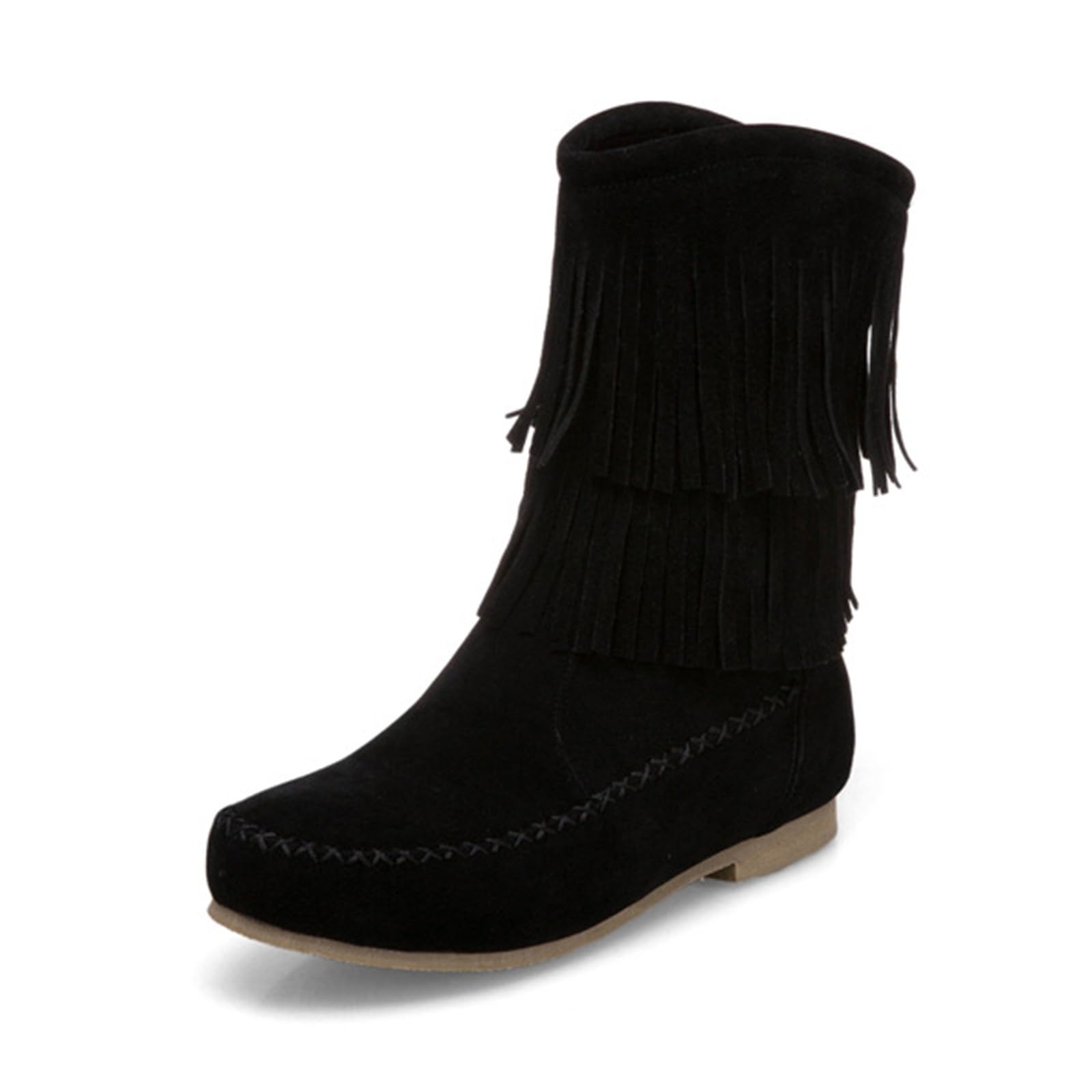 Women Fringe Suede Mid Calf Boots Fashion Retro Casual Winter Low Heel Snow Boots Round Toe Classic Tassel