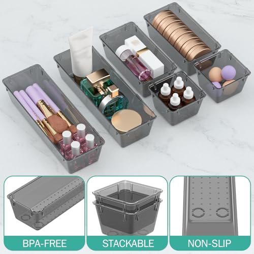 Image of WOWBOX 12 Pack Clear Drawer Organizer Set, Acrylic Drawer Storage Trays, Storage Bins for Makeup, Cosmetics, Jewelries, Utensils, Gadgets, Office, Black