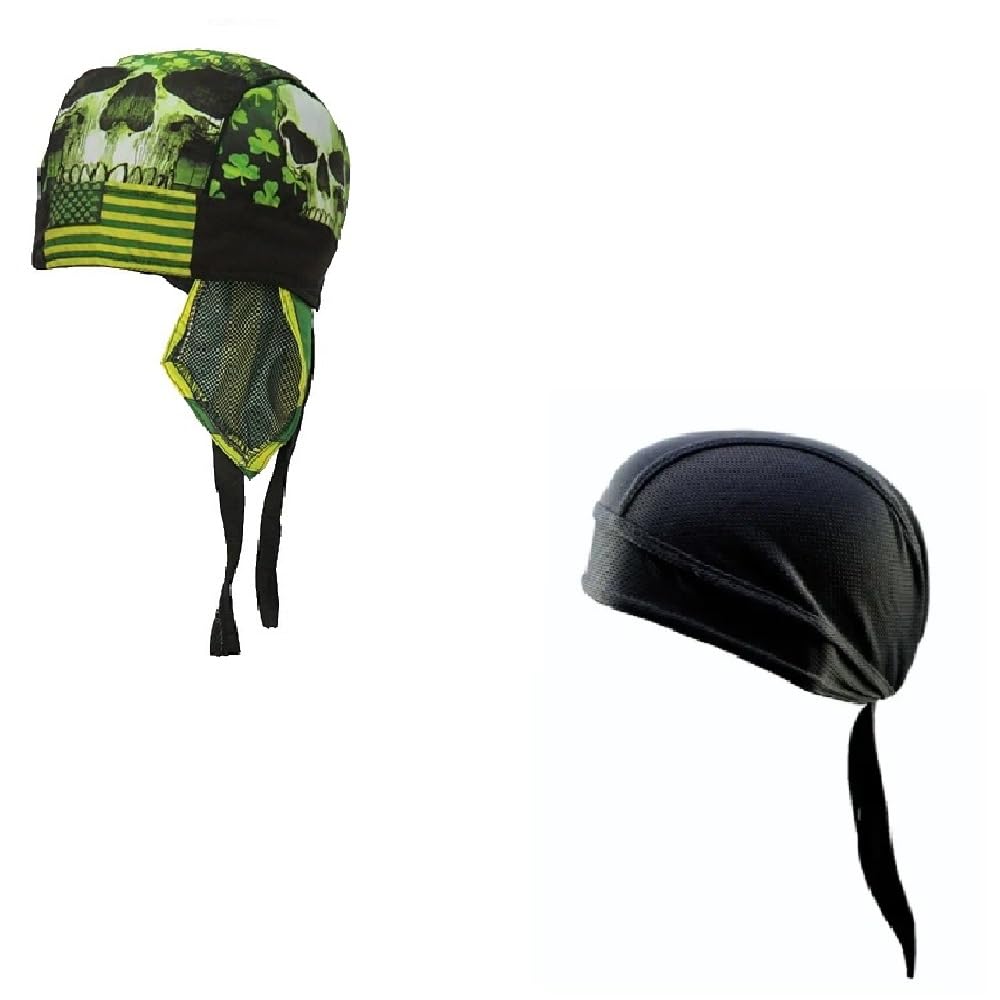 Generic Lot or Set of 2 Green Clover Lucky Skull and Solid Black Moisture Wicking Headwrap Durag Skull