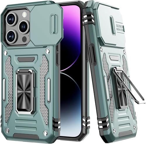 Image of ShieldTech Back Cover Case Compatible for Apple iPhone 15 Pro with Slide Camera Cover & Rotated Ring Kickstand | Military Grade Mobile Phone Cover Case for Apple iPhone 15 Pro (Green)