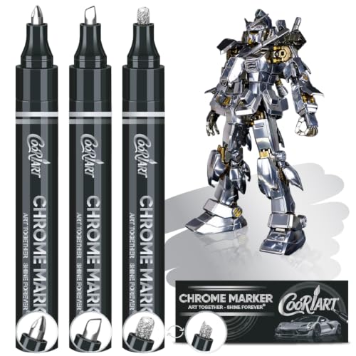 COORIART 3PK Liquid Chrome Markers - Permanent Mirror Chrome Pens Chrome Paint Pens for Plastic Metal Model Painting Touch Up & Repair Kit Set of 3 Tips (0.7mm 1mm 3mm)