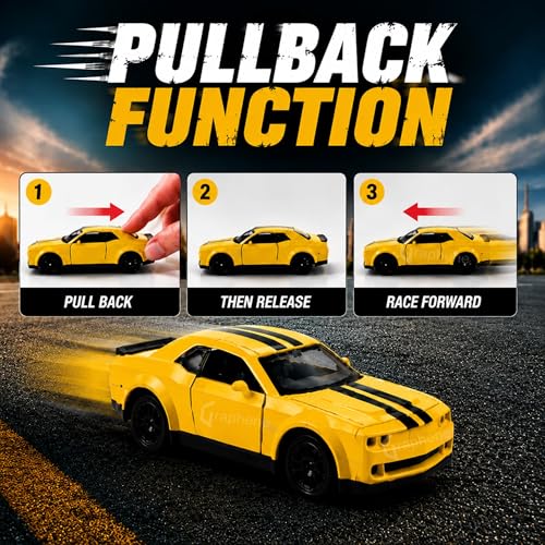 Image of GRAPHENE 1:32 Scale Challenger Style Die Cast Muscle Sports Car Toy Metal Alloy Pull Back with Openable Doors Light & Sound Miniature Pull Back Racing Vehicle for Kids Boys Girls Age+3 (Yellow)