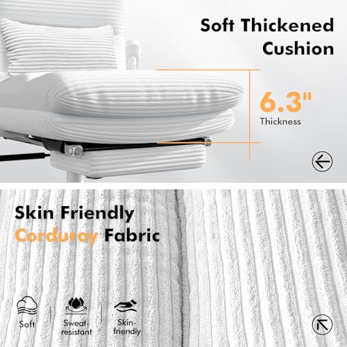 Image of GXJ Criss Cross Legged Office Chair with Flip-up Arms, Footrest, G800 Plus | 6.3 inch Cushion Relieves Tailbone Pain, Head-Lumbar Support Eases Fatigue, Smooth Rolling Wheels, Corduroy Desk Seating, White
