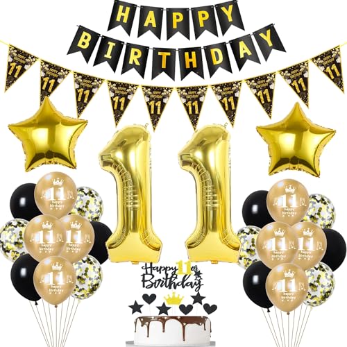 Decoración de Cumpleaños 11 Años - Globos Negros y Dorados para Niño y Niña - Adorno de Tarta para Chico y Chica