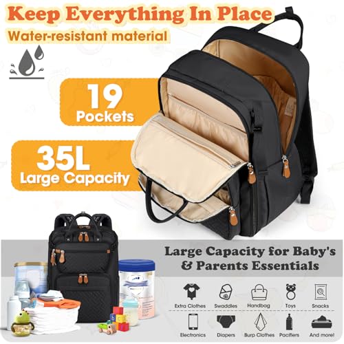 RAINSMORE Diaper Bag Backpack, Large Waterproof Baby Bag with Changing Pad, Detachable Crossbody Bag & Stroller Straps Travel Diaper Backpack for Moms Dads Unisex Baby Essentials Organizer