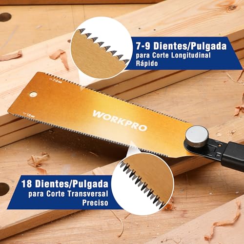 WORKPRO Sierra Japonesa de 210 mm, Sierra de Doble Filo 18TPI/7-9TPI, con Hoja SK5 Flexible y Reemplazable, Sierra Madera con Mango Ergonómico, Perfecta para CarpinterÃa y Trabajos de Madera - Imagen 5