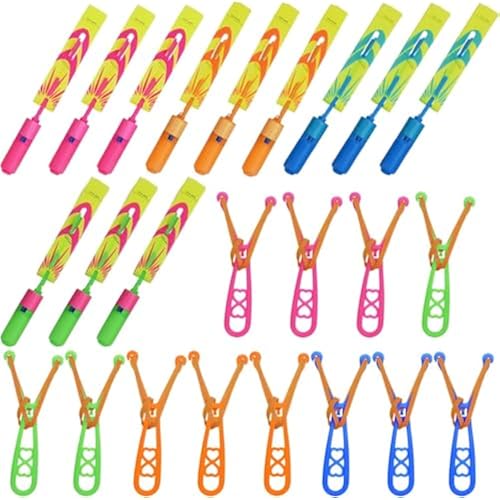 Slingshot Flying Toys Set with LED Lights - 12 Pcs Kids Outdoor Game with 12 Launchers + 12 Arrow Helicopters, Glow in The Dark Party Supplies