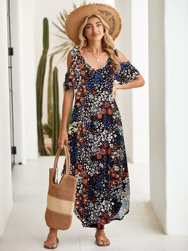 Image of BELAROI Womens Cold Shoulder Maxi Dress Plus Size V Neck Summer Sundresses with Pockets Beach Coverup Vacation Outfits