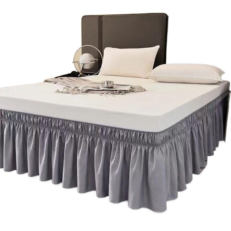 Gonne Per Letto Gonna da letto avvolgente con volant tinta unita con doppio strato di tessuto elastico resistente allo sbiadimento - caduta da 15 pollici(Light grey,Queen 150x200x38cm)