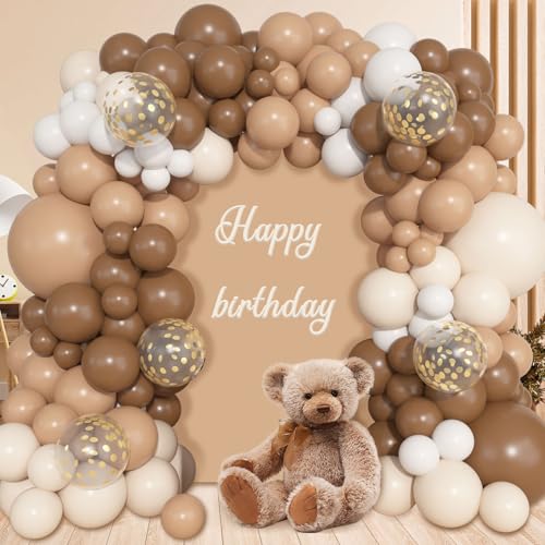 Image of Ouddy Life 157 Pcs Brown Balloons Garland Arch Kit, Beige Nude Neutral White Gold Confetti Different Size Balloon for Birthday Teddy Bear Baby Shower Neutral Woodland Wild One Wedding Party Decoration