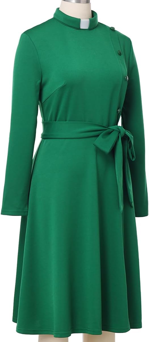 FAD-4U Church Clergy Dress for Women Spring/Autumn Long Sleeve Rows Buttons A Line Dress with Tab Collar and Belt - Image 4