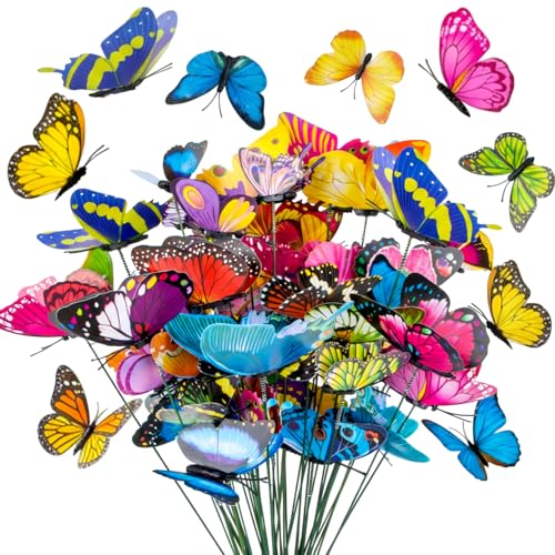 RAINFLOW 50PCS Butterfly Decorations Butterflies Decorations for Bouquets Butterfly Garden Decor Flying Butterflies with Garden Stakes Decorative for Plant Decoration for Pots Yard & Party