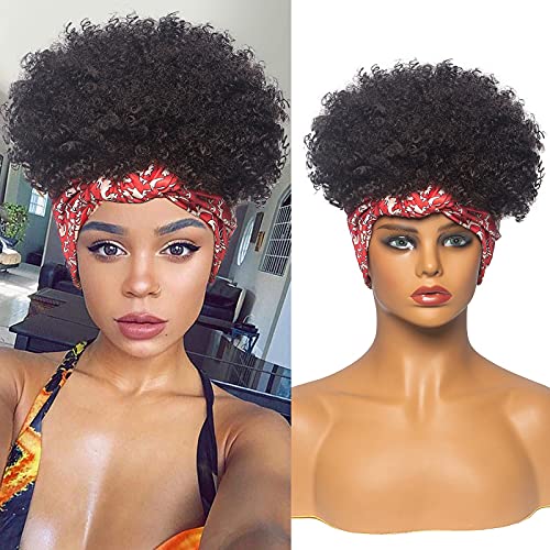 Afro Puff with Headwrap Wigs 2 in 1 for Black Women High Puff Headband Wigs with Bangs Afro Kinky Curly Wigs for Black Women Synthetic Short Curly Headwrap Turban Wigs with Red Scarf(J294B)
