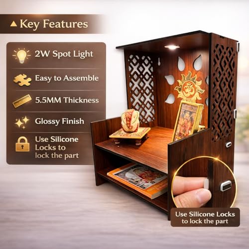 Image of Zesta Wooden Mandir for Home Big Size | DIY Pooja Mandir with LED Spot Light | Devghar Cabinet for Living Room or Office | Wall Mounted Pooja Unit for Home (Brown Big)