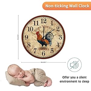 UFunhome 10-Inch Retro Wall Clock, Round Silent Non Ticking Battery Operated Clock Wood for Loft/Living Room/Classroom Decoration, Vintage Style French Country Rustic Barn Rooster UFunhome 10 Inch Retro Wall Clock Round Silent Non Ticking Battery Operated Clock Wood for LoftLiving RoomClassroom Decoration Vintage Style French Country Rustic Barn Rooster