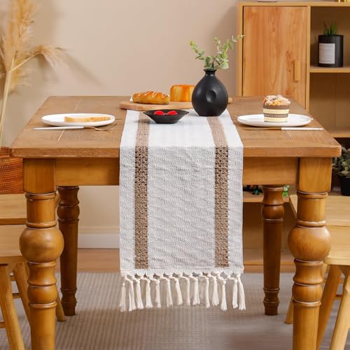 Tosleo Boho Table Runner 12×120 Inches Long with Tassels Khaki Double Striped Farmhouse Rustic Table Runner for Dining Wedding Party Spring Decor(One Piece