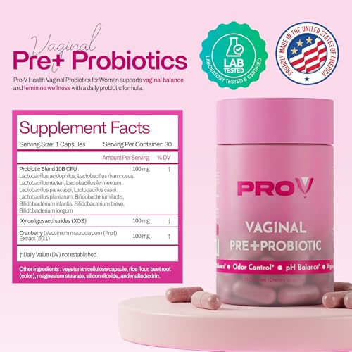 Image of Pro-V Women's Probiotic with Prebiotics & Cranberry - 4-in-1 Synbiotic for Vaginal Health, pH Balance, Odor & Urinary Tract Support - Daily Feminine Microbiome Supplement - 30 Count Capsules