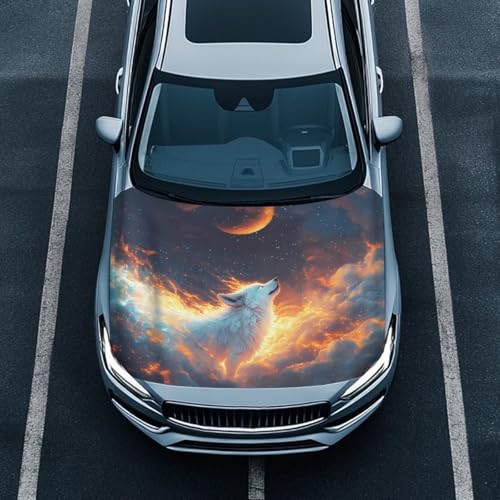 Image of Moon Wolf Print Cat Car Hood Cover Slip-On Washable Elastic Weatherproof Fabric Elastic Band Fixation Fits Most Cars