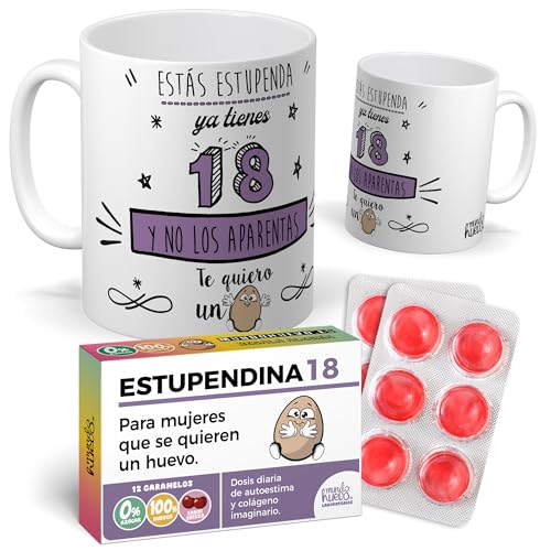 mundohuevo Pack presente 18 anos mulher: Caneca divertida 'Você está ótima, já tem 18 anos e não aparentas' doces de brincadeira estupendina | detalhes originais e divertidos para aniversários