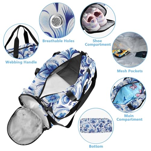 Blue White Floral Tile Duffle Bag for Girl, Sports Duffle Gym Bags with Shoe Compartment, Personalized Overnight Bag Travel Weekender for Kids3
