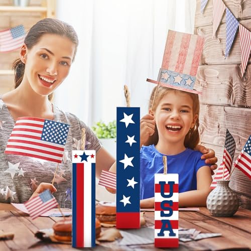 Image of Amyhill 3 Pcs 4th of July Decorations Set Wooden Patriotic Table Centerpieces Independence Day Wood Firework Fourth of July Table Signs for 250th Anniversary Home Farmhouse Decor (Stylish Style)