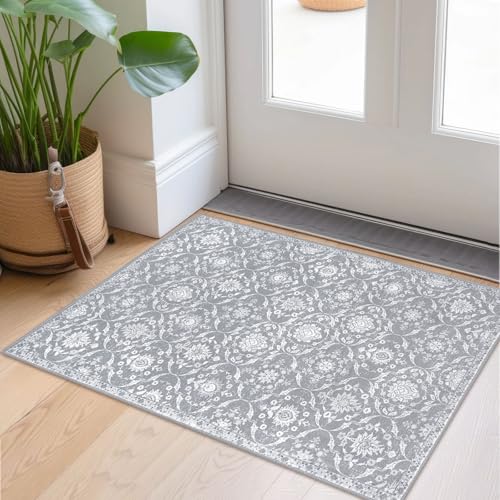 KILOCOCO 2x3 Small Area Rug, Moroccan Super Soft Entryway Rugs Indoor Vintage Washable Rug Non-Slip Indoor Door Mat, Accent Print Faux Wool Throw Rug for Kitchen Bedroom Entrance, Silver Grey/Blue