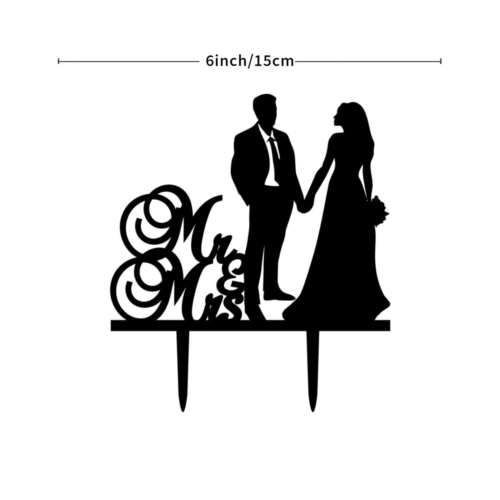 Personalized Wedding Cake Topper - Acrylic Bride & Groom Silhouette, Custom Mr & Mrs Calligraphy, 6" Height - View #2