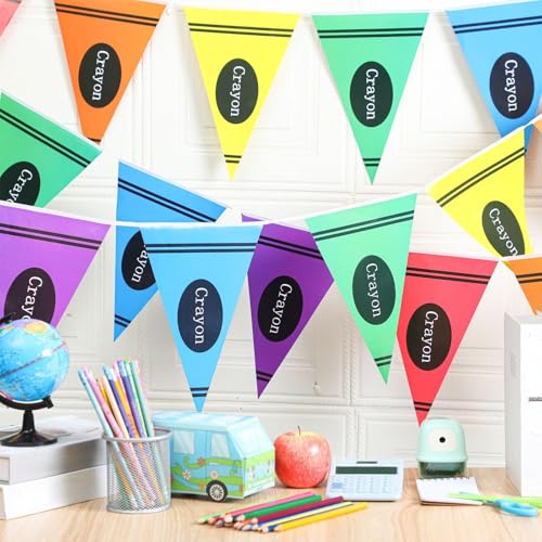 Image of VitalCozy 5 Pcs Back to School Crayon Classroom Decor Colorful Rainbow Pennant Banner Flags 49 ft Kindergarten Preschool Classroom Decorations Crayon Themed Party Decorations Pre-assemble