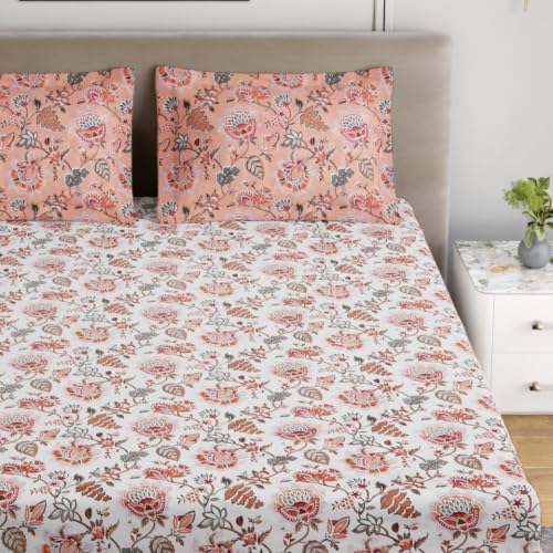 Image of Home Ecstasy 100% Cotton Jaipuri Bedsheet for King Bed, 140TC, 1 Bedsheet (Size 90 x 108 inches) with 2 Pillow Covers, White