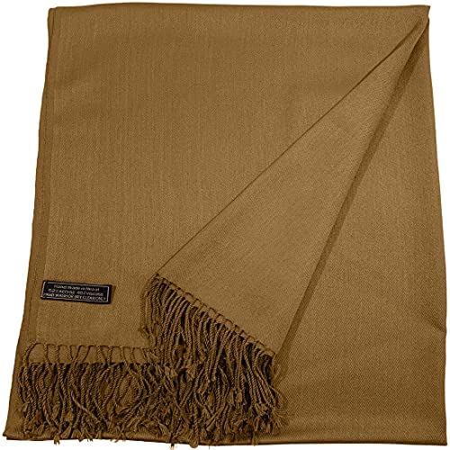CJ Apparel Camel Brown Dark Beige Solid Color Tassels Design Nepalese Shawl Scarf Wrap Stole Throw Head Wrap Pashmina Hand Made in Nepal New3