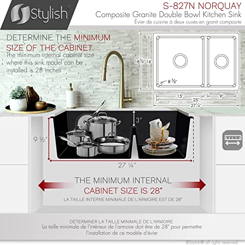 Image of Stylish 27.25 x 18.75 Inch Drop In or Undermount Kitchen Sink Double Bowl Workstation 9.5 Inches Deep Granite Composite Kitchen Sinks with Regular Strainers Black, S-827N