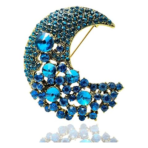 Moon Brooch Pin, Sparkling Blue Brooches for Women, Gold Tone Rhinestone Crescent Moon Brooches for Elegant Jewelry, Large pins for lapel, hat, backpacks, Rhinestone Alloy Steel, no gemstone Cover