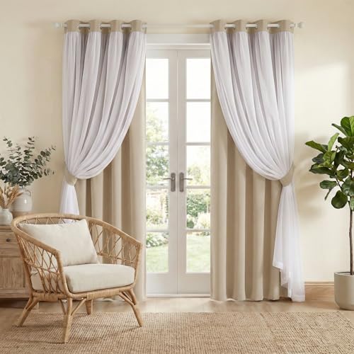 Image of PONY DANCE Sheer Window Curtains, 52 by 95 in, Biscotti Beige, 2 Pieces | Mix & Match Window Treatments Light Block Drapes Blackout Panels for Living Room