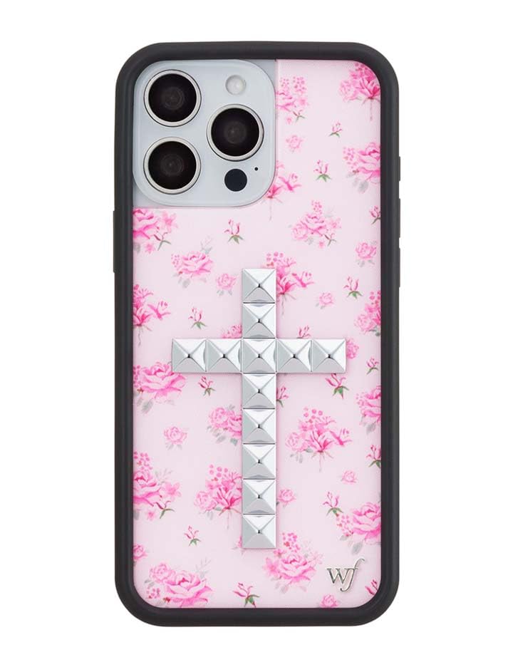 Image of Wildflower Cases - Compatible with iPhone 16 Pro Max | Protective Black Bumper, 6.5ft Drop Test Certified, Women Owned Small Business | Stud Cross Forget Me Not Floral Pink