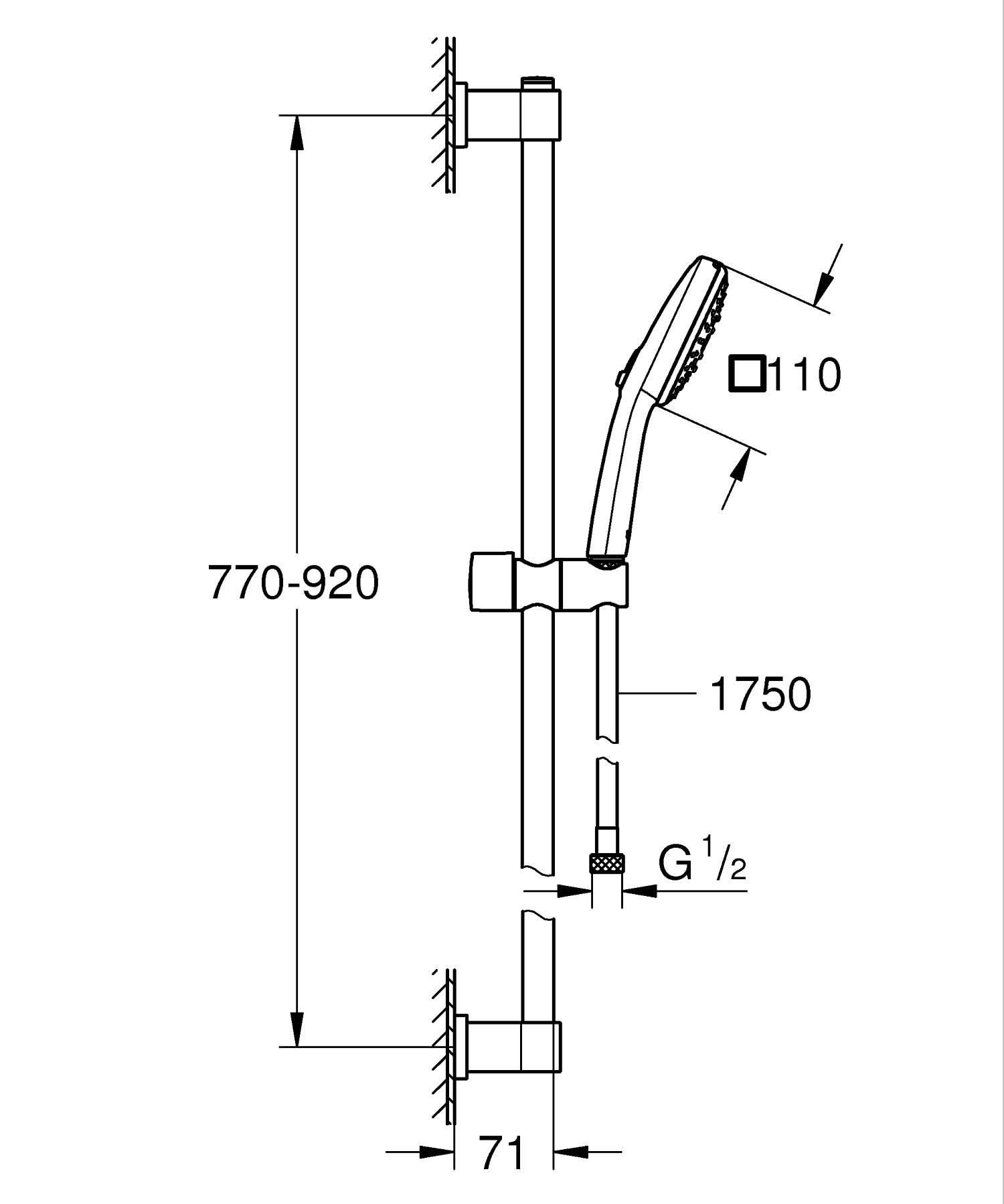 GROHE Vitalio Comfort 110 Set Saliscendi Doccia (3 getti Rain Jet Massage, asta 600 mm, flessibile 1,75 m, SpeedClean anticalcare), Cromo, 26932001