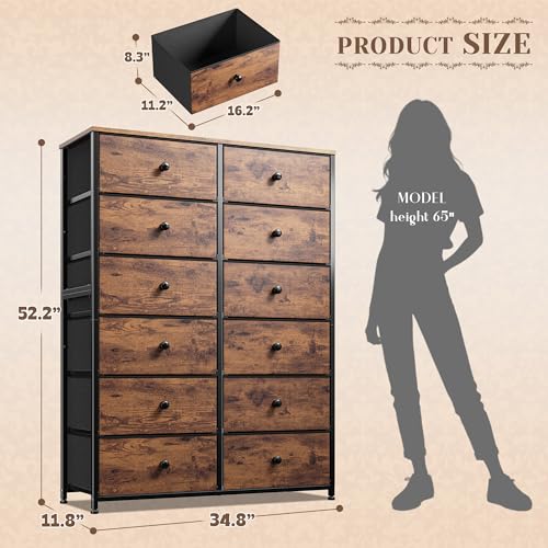 12 Drawers Dresser for Bedroom, 52.2''H Tall Dresser for Closet, Dressers & Chests of Drawers with Wooden Tabletop, Metal Frame, Dressers for Bedroom, Hallway,Closet, Rustic Brown - Image 4
